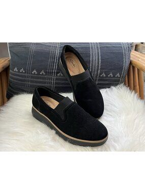 Clarks Shoes Mid Black Suede Women's Wedge Loafers Slip On Sz 10 Excellent Clean